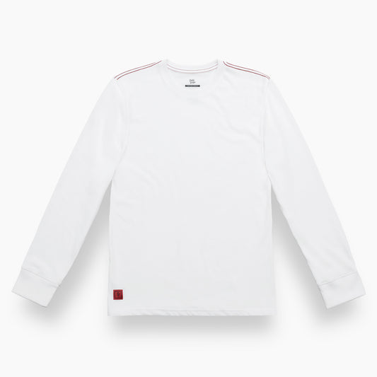 White long-sleeve shirt with a small red logo on a white background