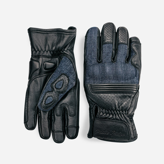 Denim On Black Motorcycle Gloves