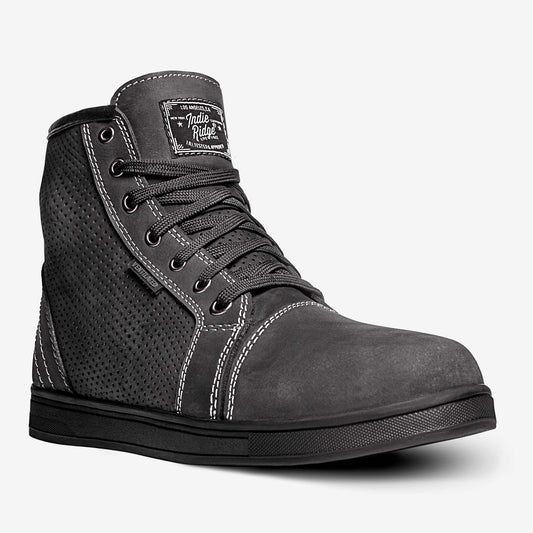 A pair of black, ventilated, full grain leather motorcycle boots with lace-up closure.