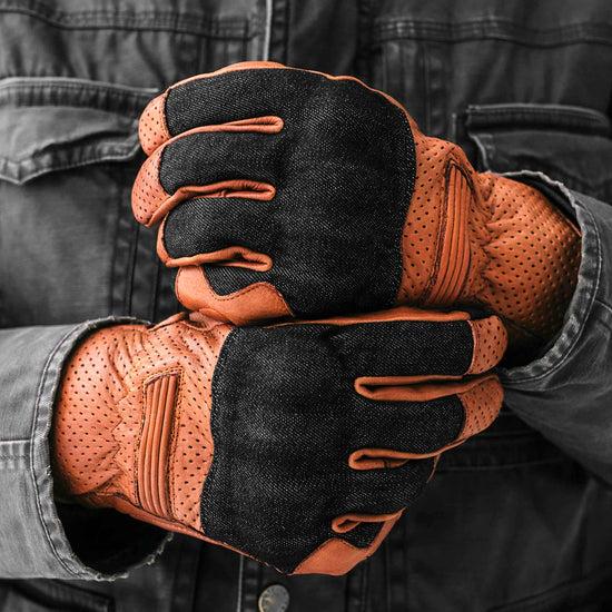 Indie Ridge Denim & Leather Motorcycle Gloves (Camel) with Mobile Phone Touchscreen (X-Large)