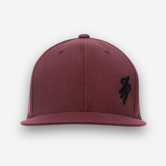 Maroon cap with a black logo on a light gray background