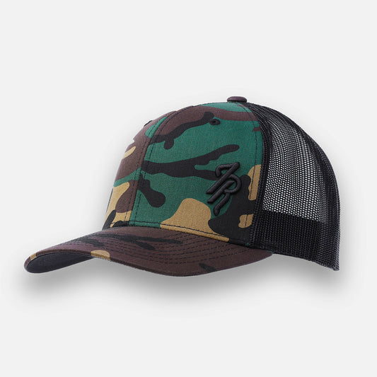 Camouflage baseball cap with mesh back on a white background