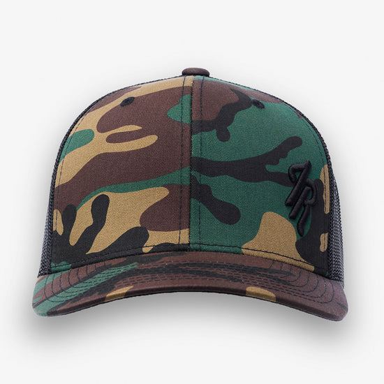 Camouflage baseball cap with mesh back on a white background
