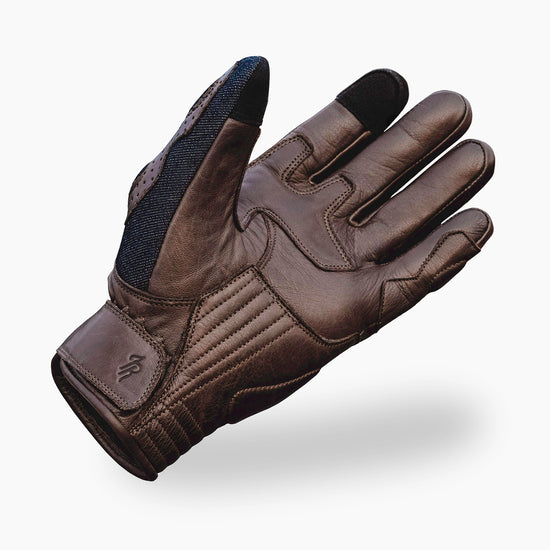 Brown leather glove palm facing up on a white background