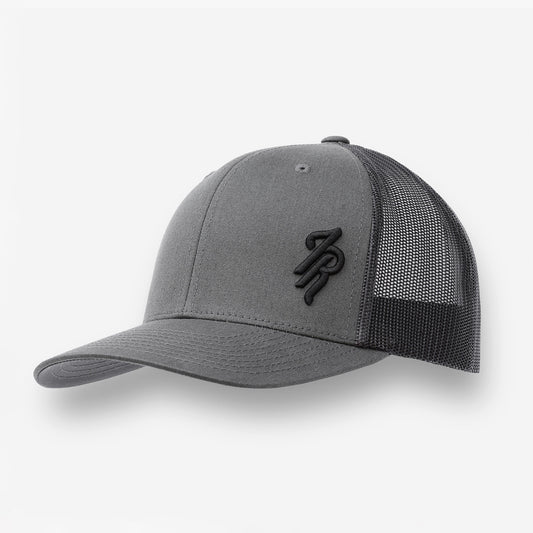 Gray cap with gray mesh back and black logo on a white background