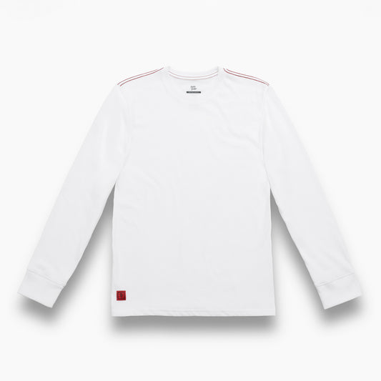 White long-sleeve shirt with a small red logo on a white background