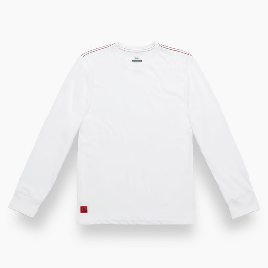 White long-sleeve shirt with a small red logo on a white background